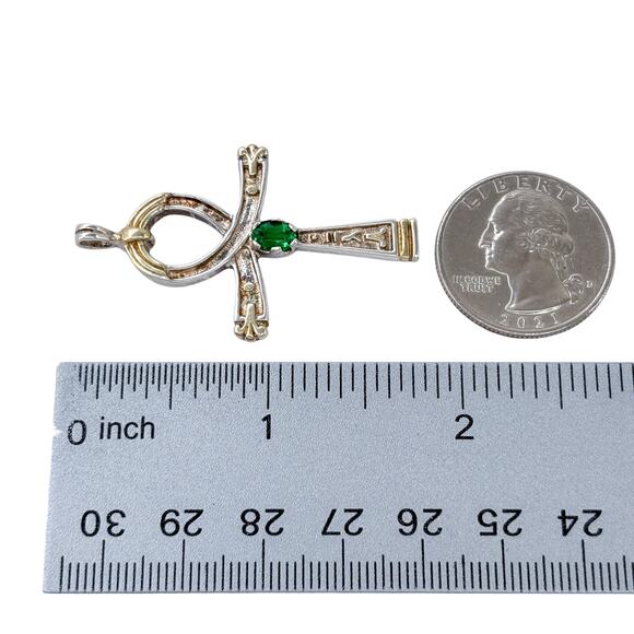 Estate Sterling Silver 925 Green Cubic Zirconia Egyptian Ankh Cross Pendant - Picture 8 of 9